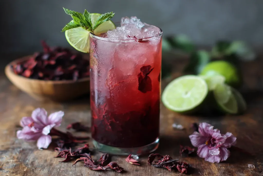 Hibiscus ginger mocktail in glass with lime and mint