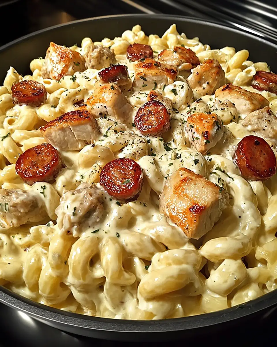 A delicious plate of Creamy Pepper Jack Chicken & Sausage Pasta
