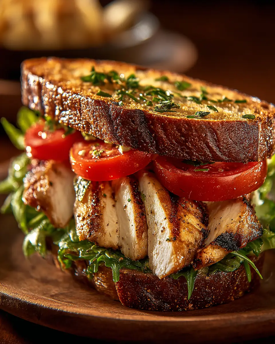 A delicious plate of Garlic Butter, Lettuce, Tomato & Grilled Chicken Sandwich