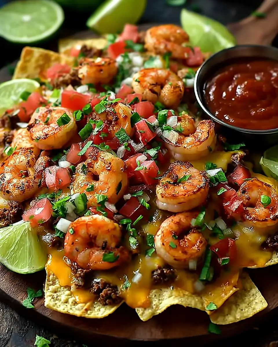 A delicious plate of Loaded Shrimp & Beef Nachos
