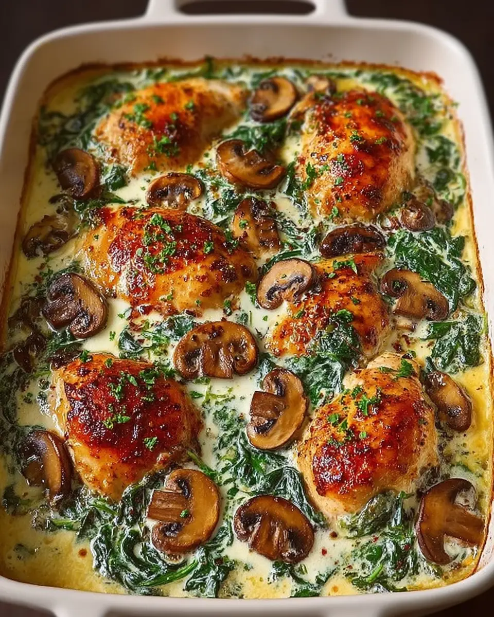 Low Carb Creamy Chicken, Spinach & Mushroom Bake
