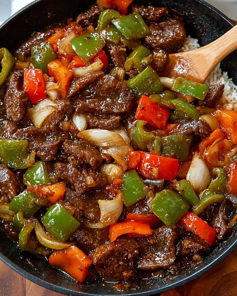 A delicious plate of Pepper Steak with Garlic Rice