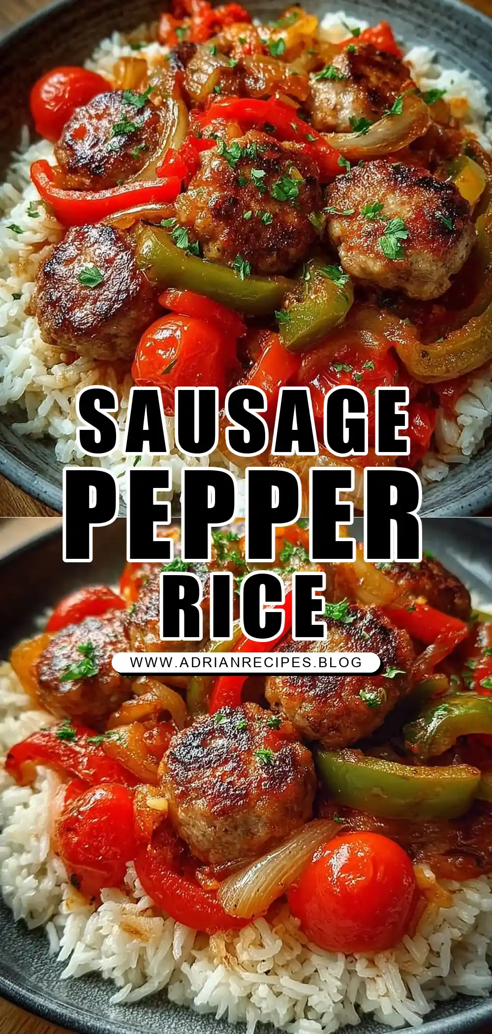 Sausage, Onion, Bell Peppers & Tomatoes Over Rice