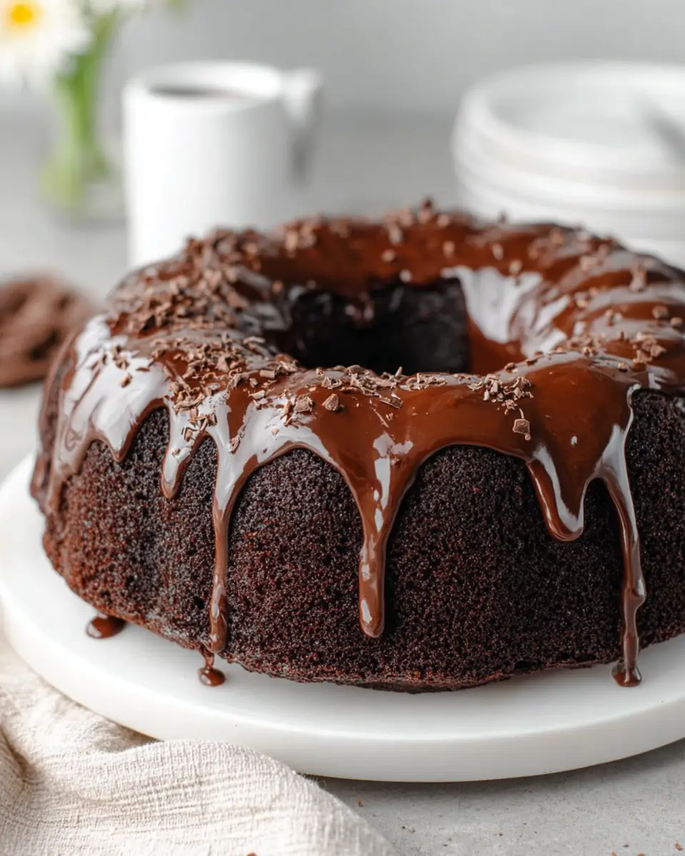 A delicious plate of Blackout Chocolate Bundt Cake with Chocolate Ganache Glaze