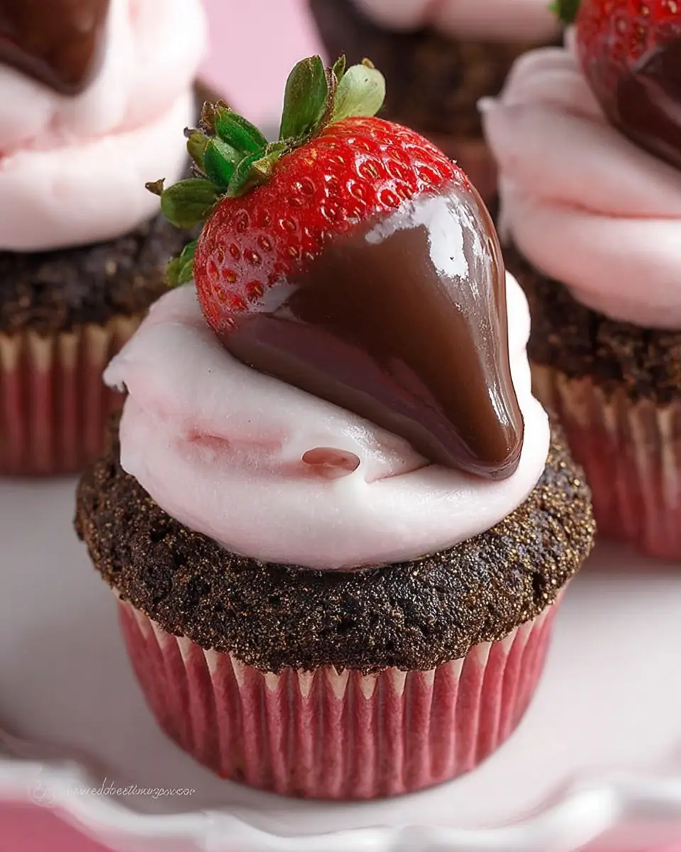 A delicious plate of Chocolate Covered Strawberry Cupcakes