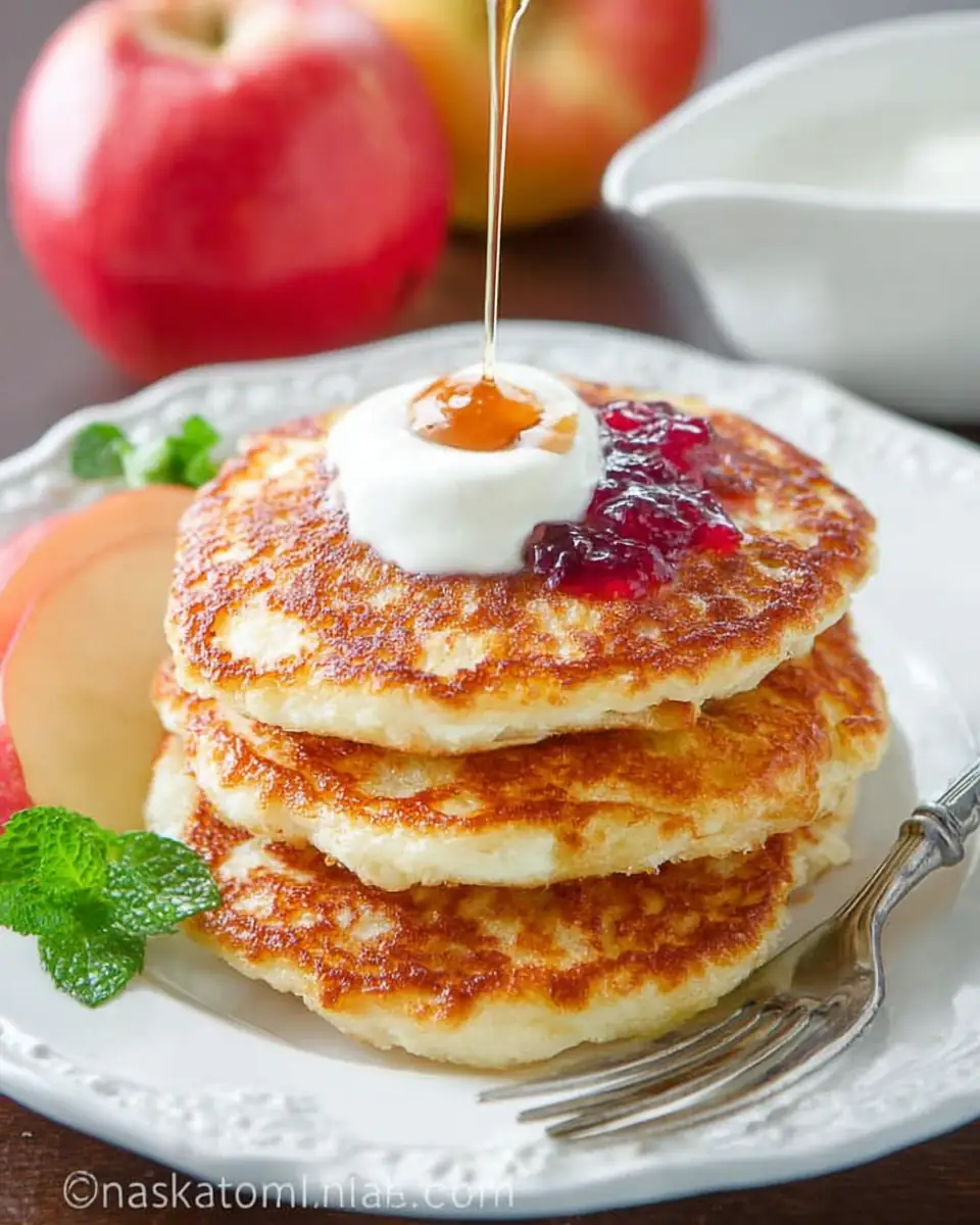A delicious plate of Farmers Cheese Pancakes with Apple (Syrniki)