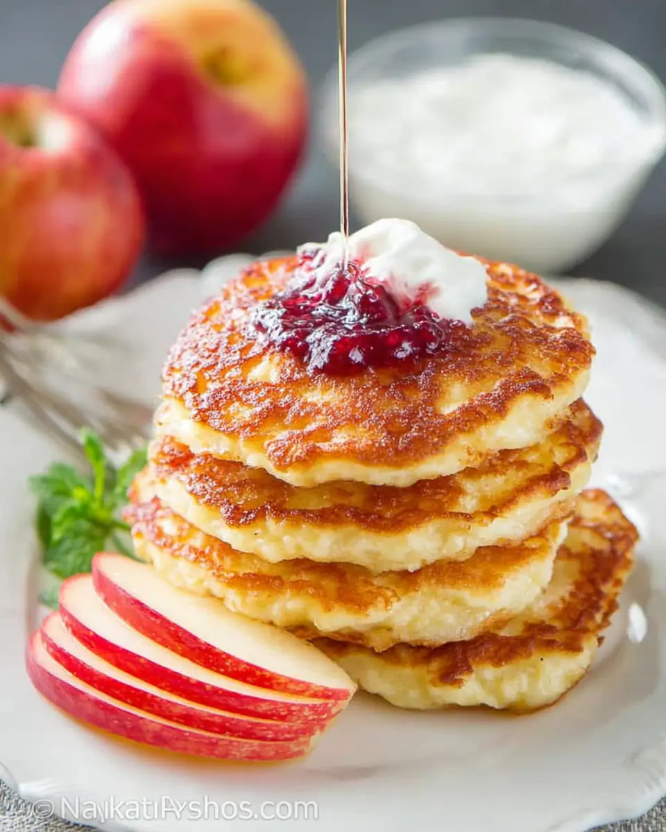 A delicious plate of Farmers Cheese Pancakes with Apple (Syrniki)
