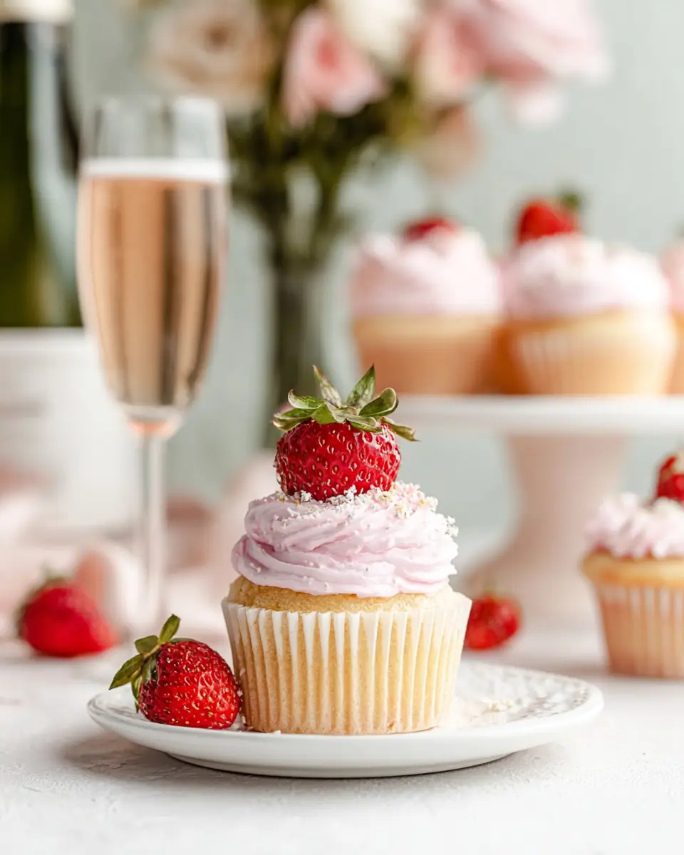 A delicious plate of Prosecco Cupcakes with Strawberry Buttercream Frosting
