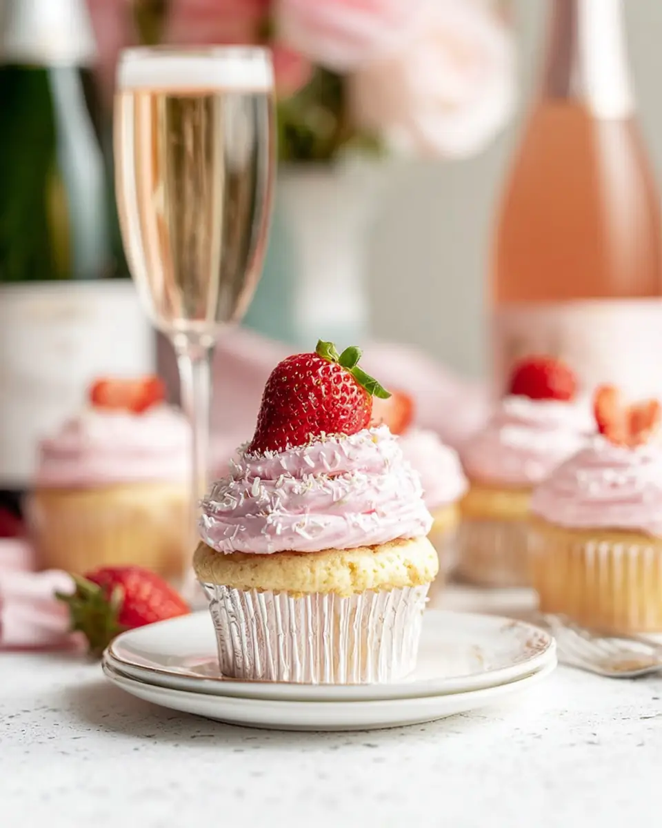 A delicious plate of Prosecco Cupcakes with Strawberry Buttercream Frosting