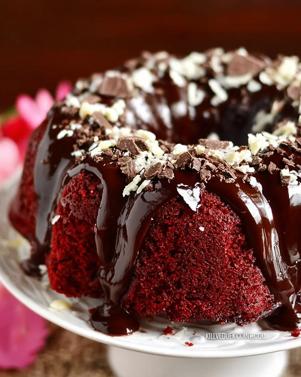 A delicious plate of Red Velvet Bundt Cake with Kahlua Ganache