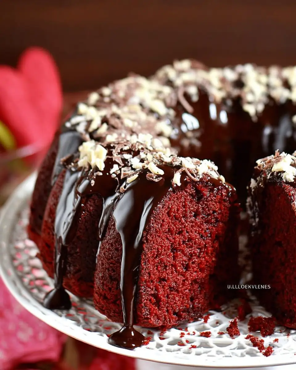 A delicious plate of Red Velvet Bundt Cake with Kahlua Ganache