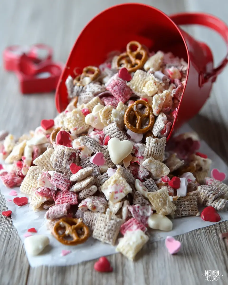 A delicious plate of White Chocolate Chex Mix for Valentine’s Day