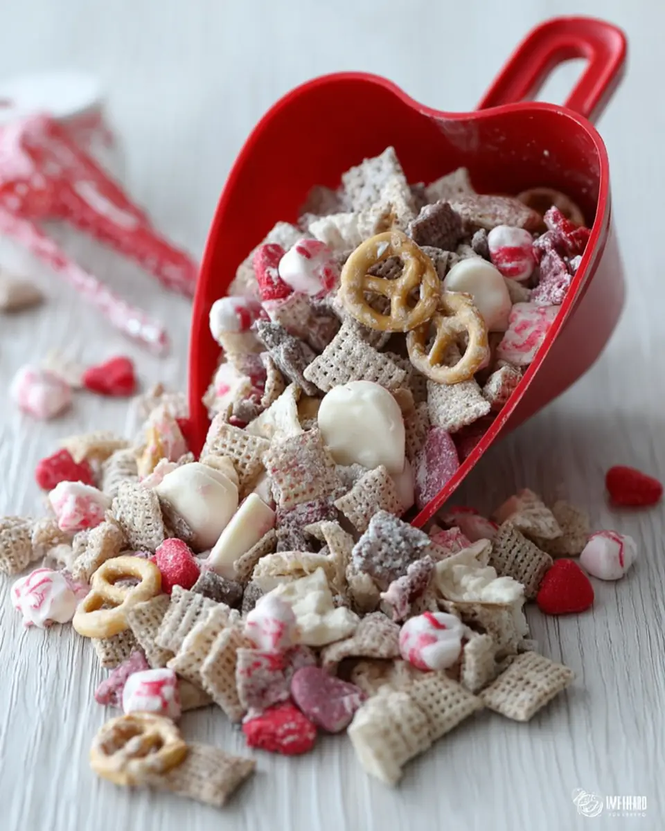 A delicious plate of White Chocolate Chex Mix for Valentine’s Day