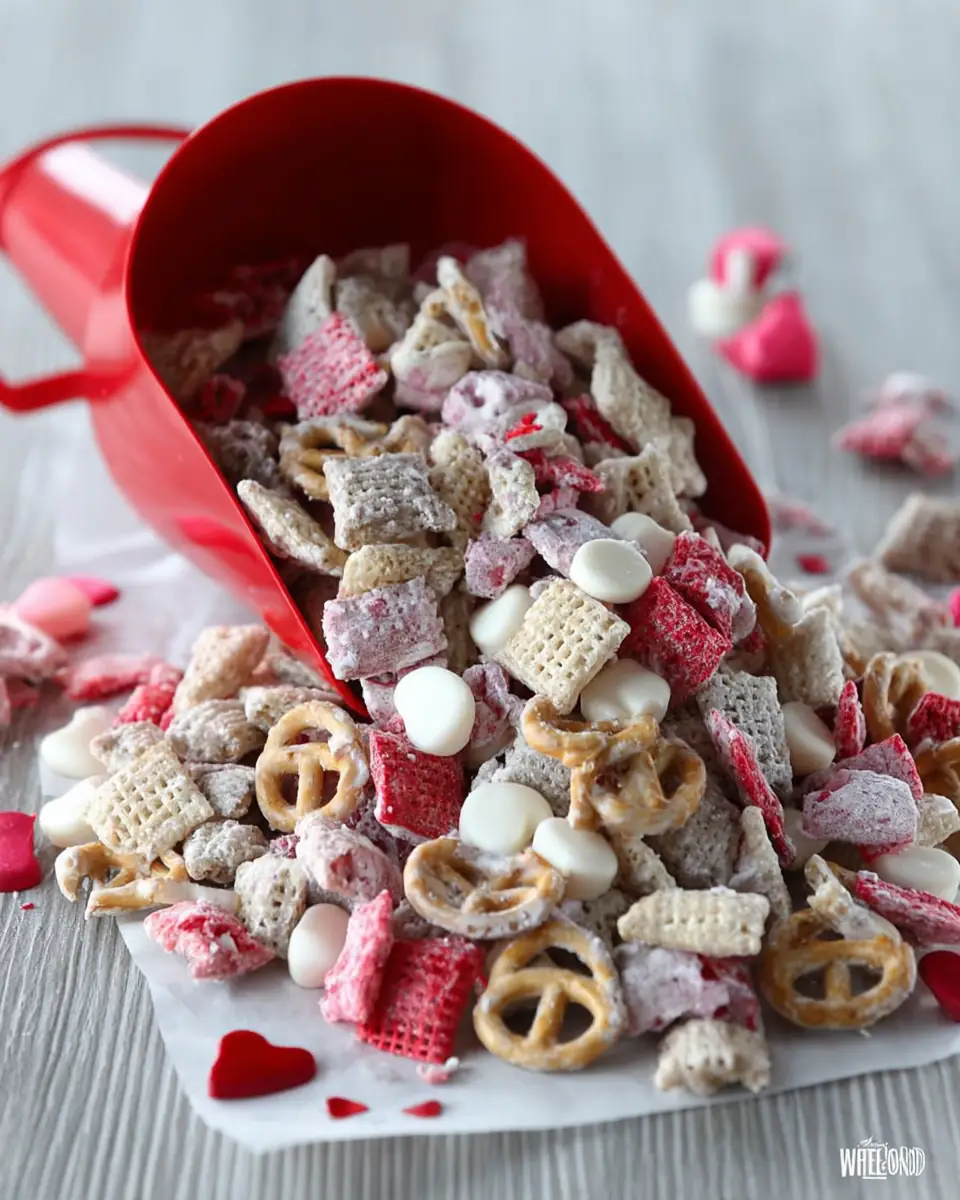 A delicious plate of White Chocolate Chex Mix for Valentine’s Day