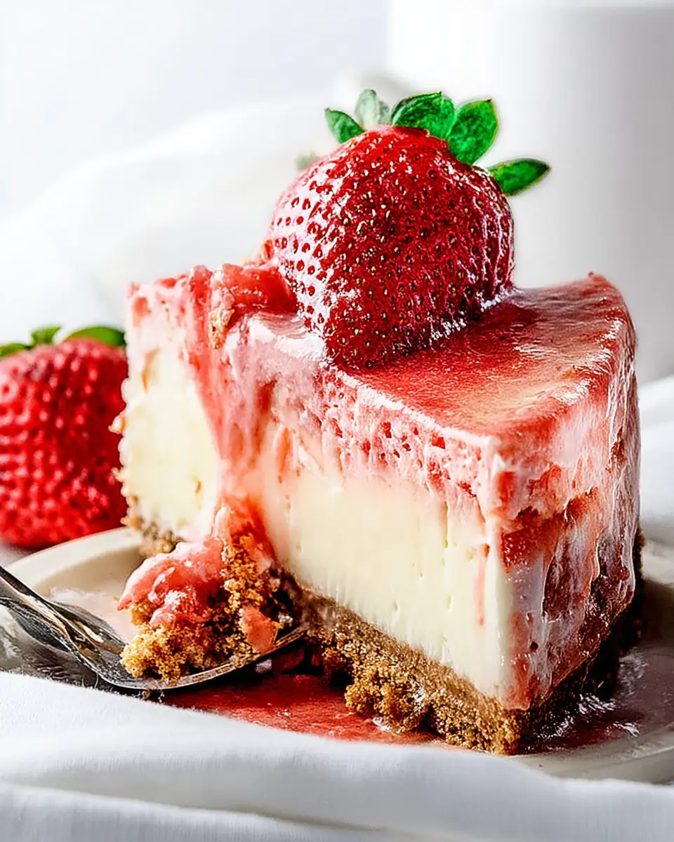 A delicious plate of White Chocolate Strawberry Cheesecake