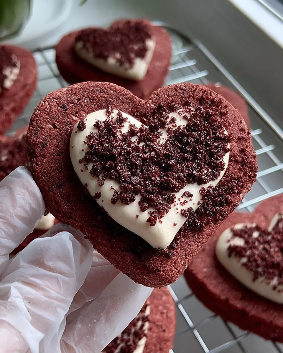 A delicious plate of Heart Shaped Red Velvet Frosted Cookies