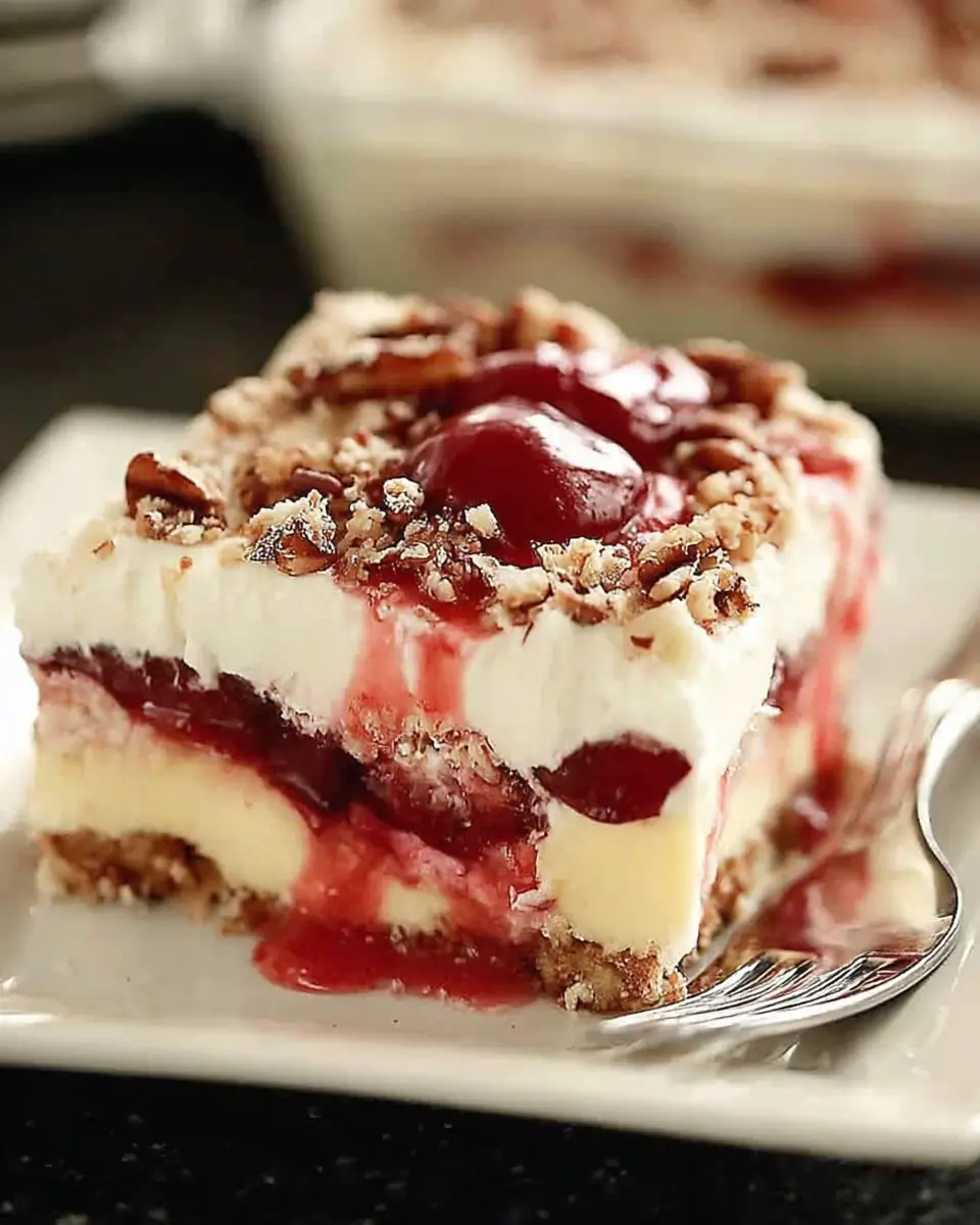 A delicious plate of Layered Cherry Cheesecake Lush Dessert Recipe