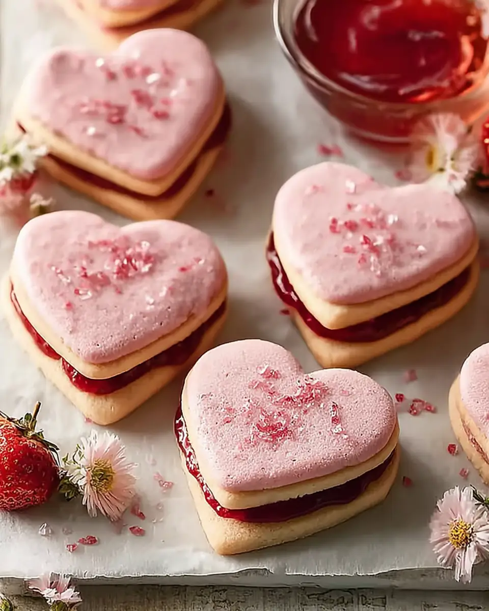 A delicious plate of Filled Heart-Shaped Strawberry Shortbread Cookies