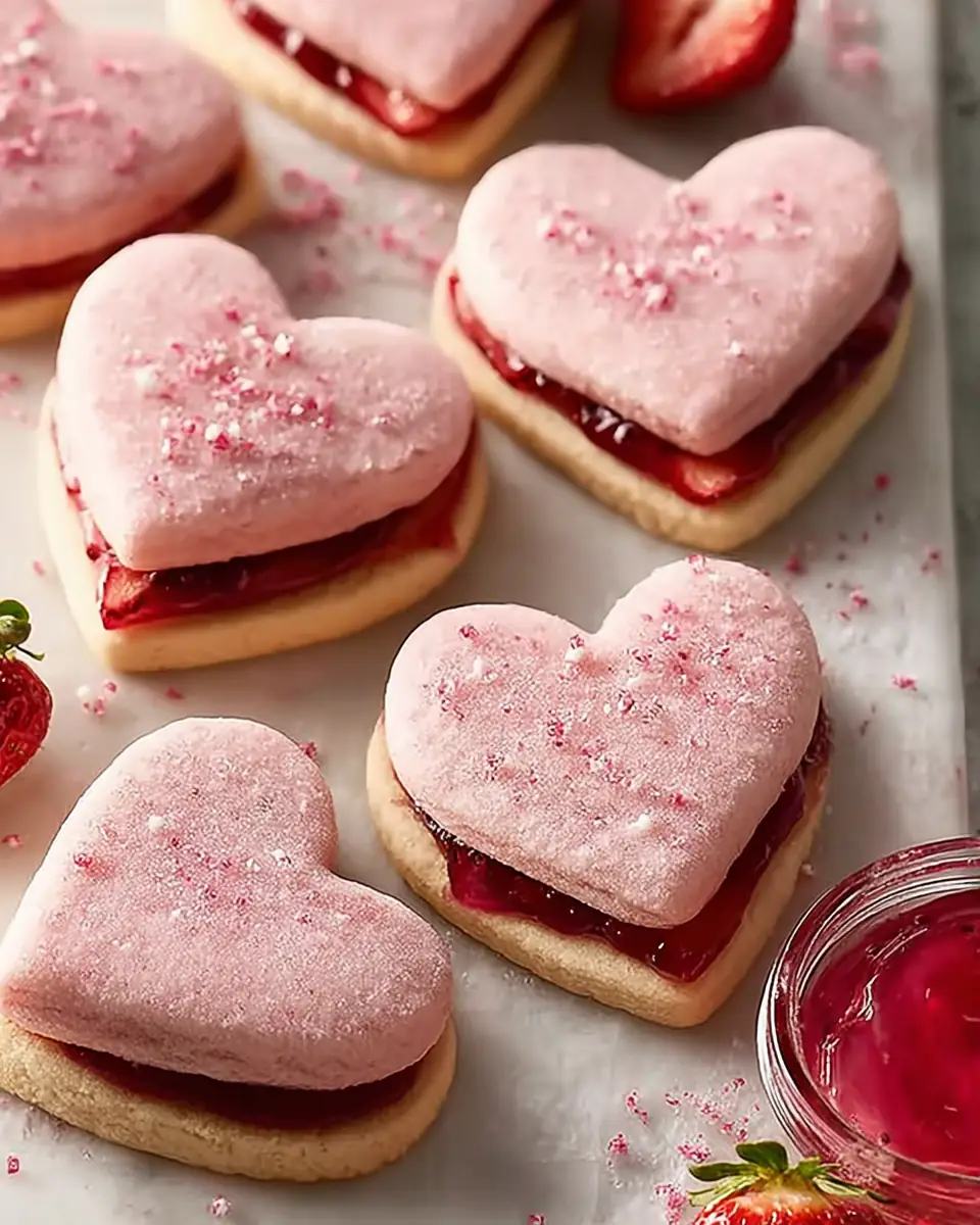 A delicious plate of Filled Heart-Shaped Strawberry Shortbread Cookies