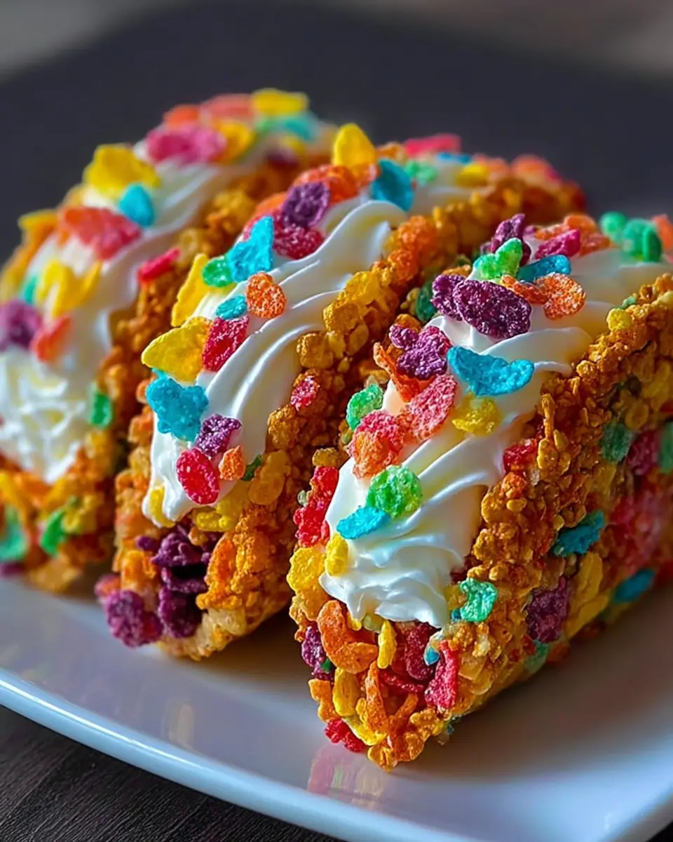 A delicious plate of Fruity Pebbles Cheesecake Tacos