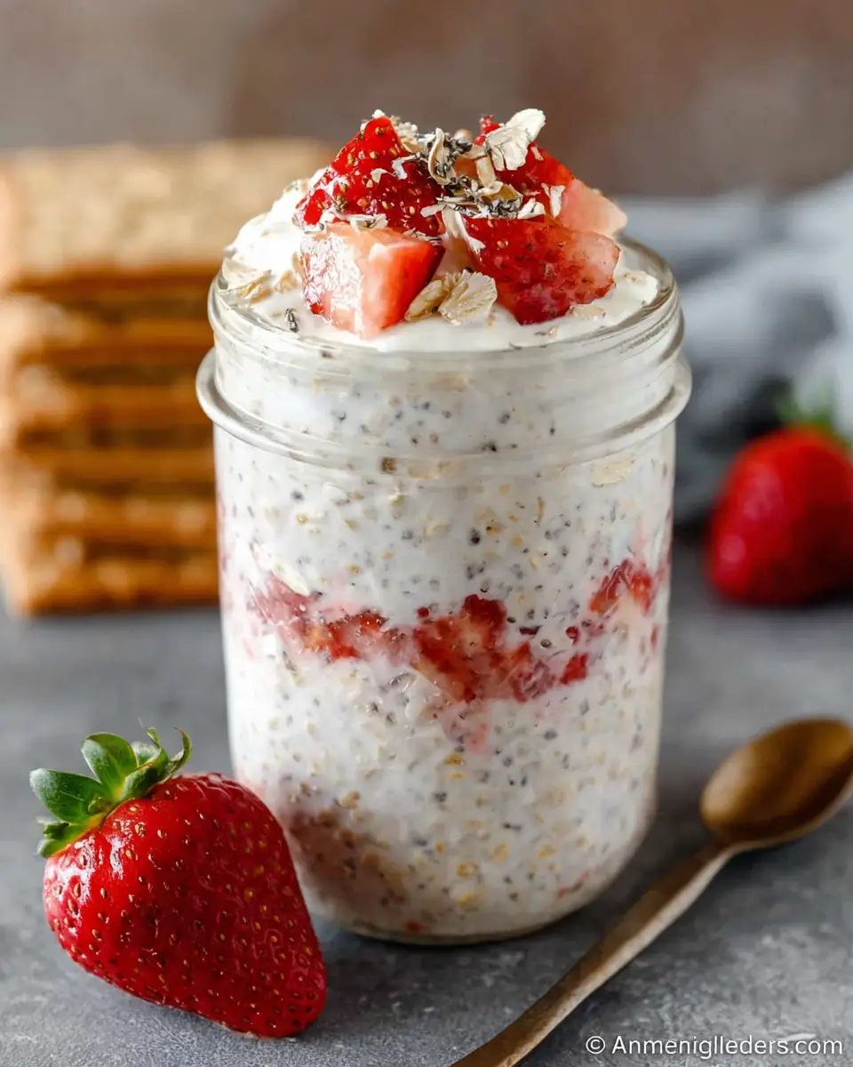 A delicious plate of Strawberry Cheesecake Overnight Oats