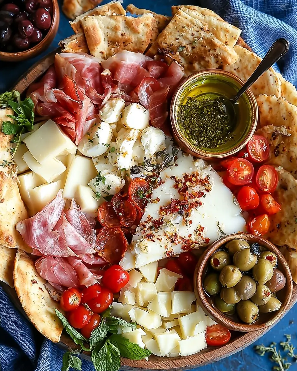 A delicious plate of Antipasto Appetizer Cheese Board