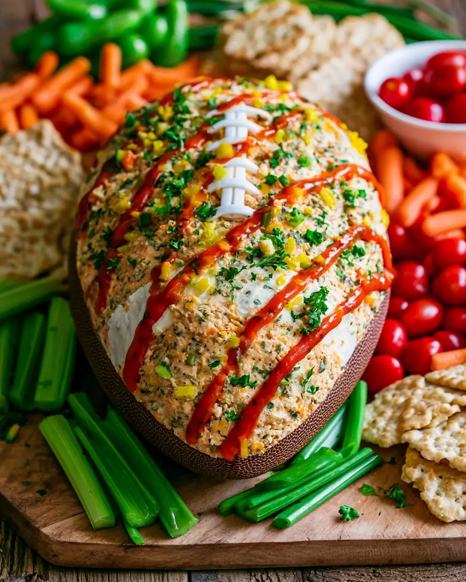 A delicious plate of Buffalo Ranch Football Cheese Ball