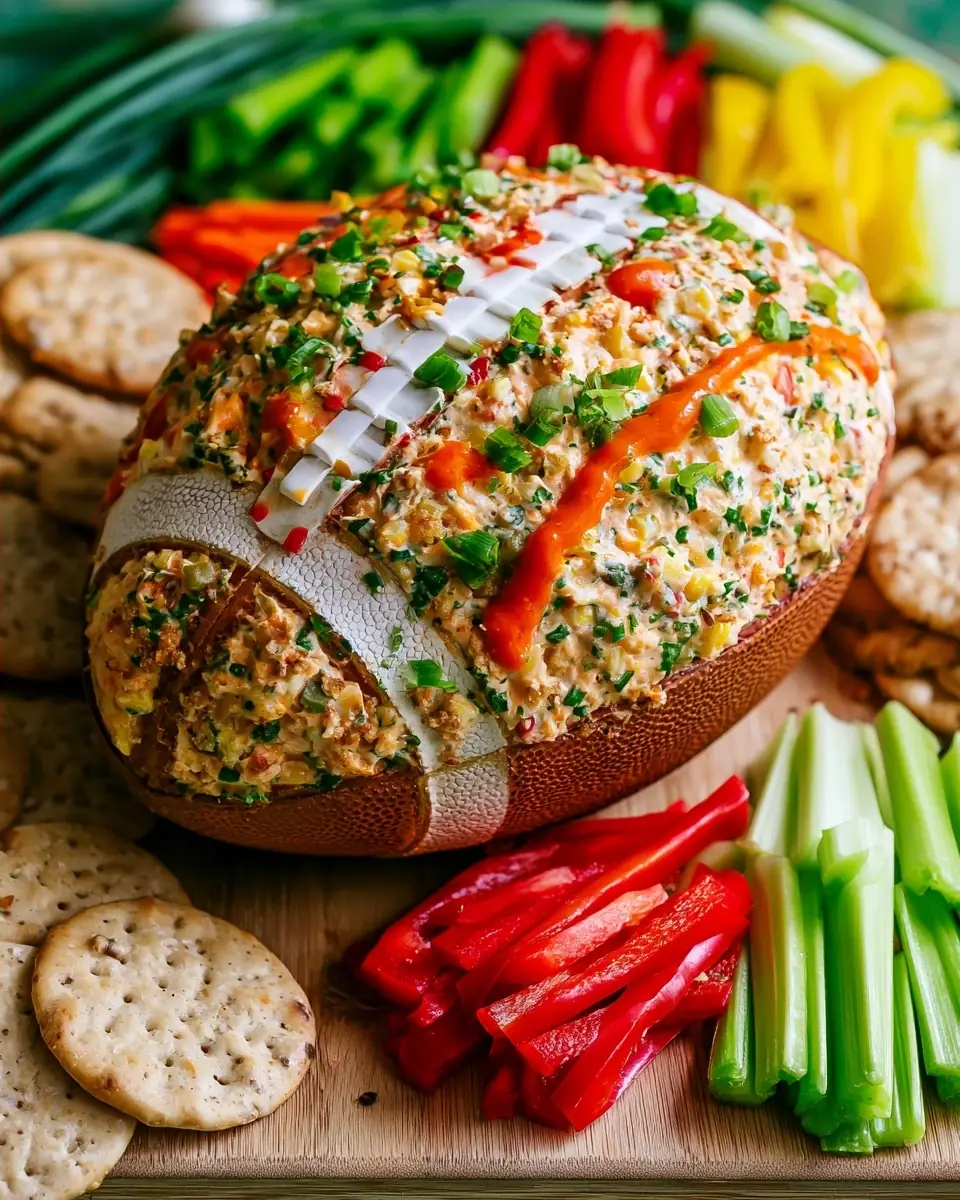 A delicious plate of Buffalo Ranch Football Cheese Ball