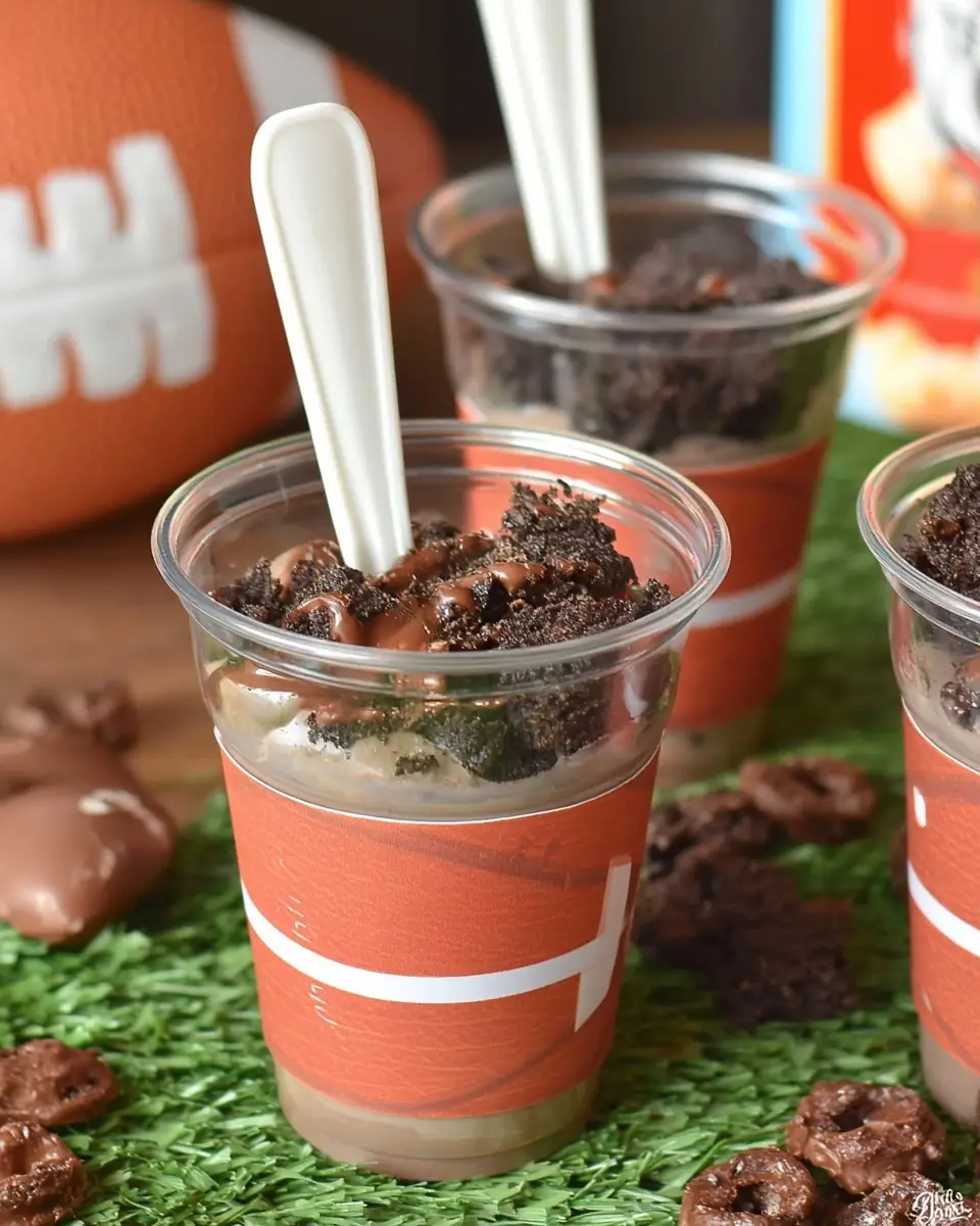 A delicious plate of Football Dirt Cups (Easy Football Snack for Kids)