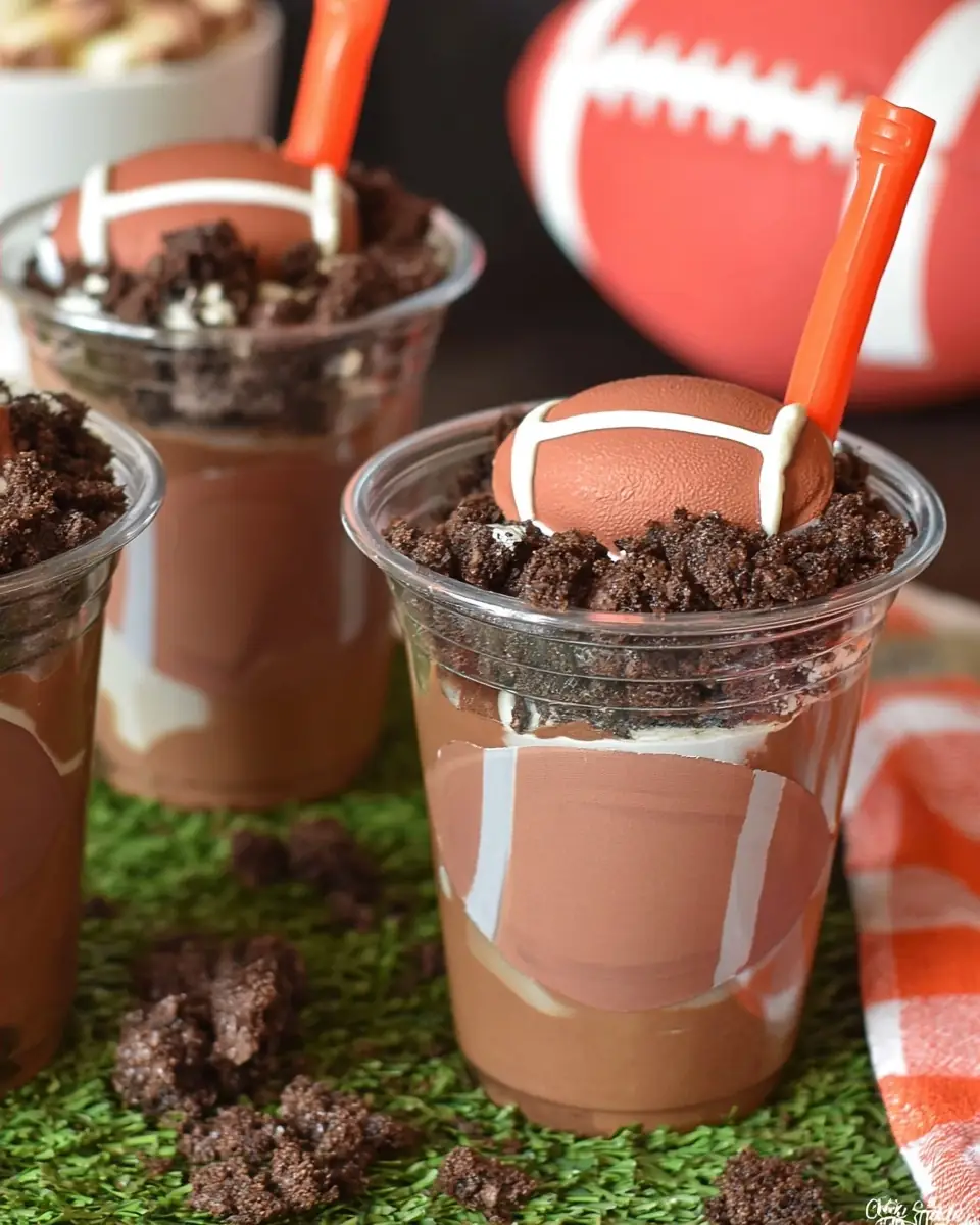 A delicious plate of Football Dirt Cups (Easy Football Snack for Kids)