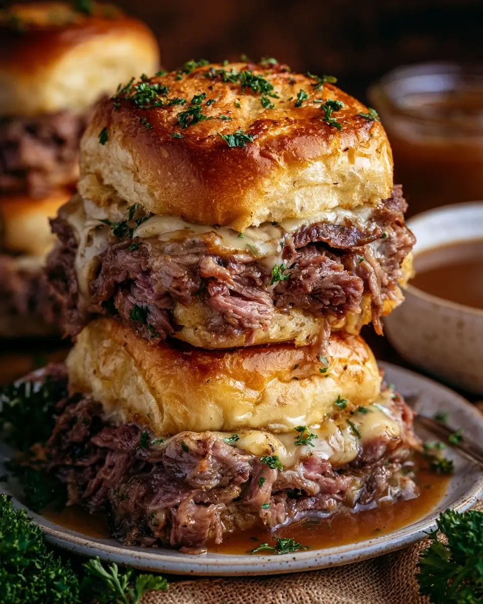A delicious plate of French Dip Sliders