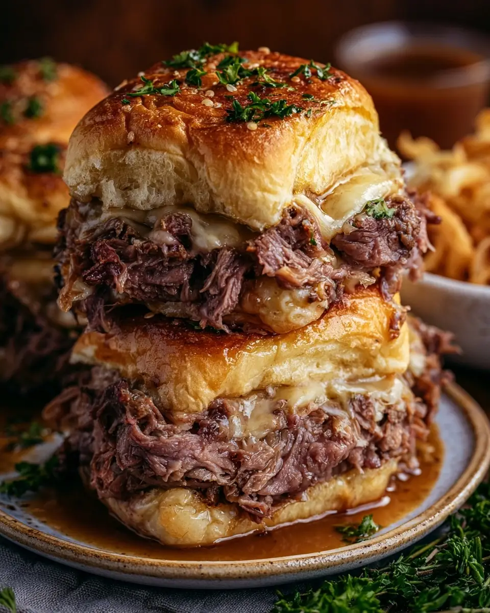 A delicious plate of French Dip Sliders