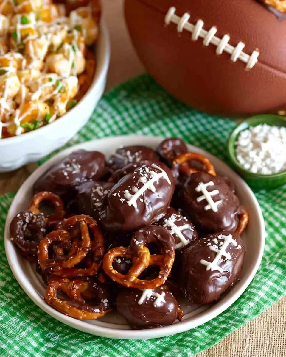 A delicious plate of Game Day Pretzel Footballs & Party Snacks
