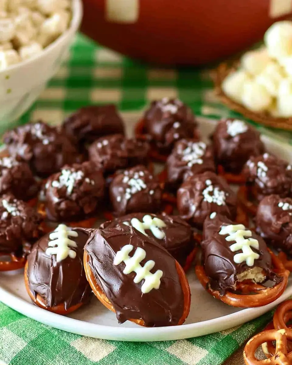 A delicious plate of Game Day Pretzel Footballs & Party Snacks