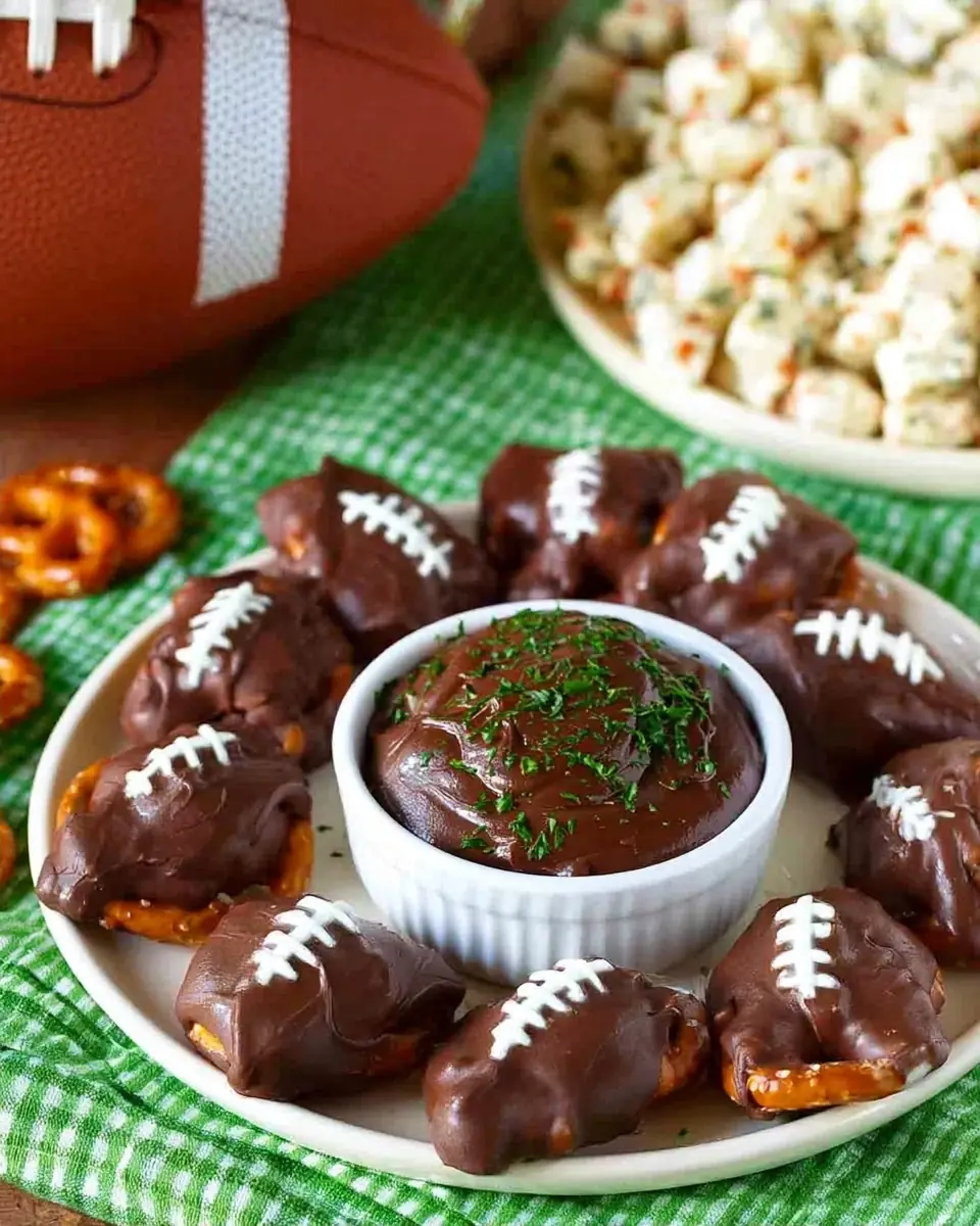 A delicious plate of Game Day Pretzel Footballs & Party Snacks