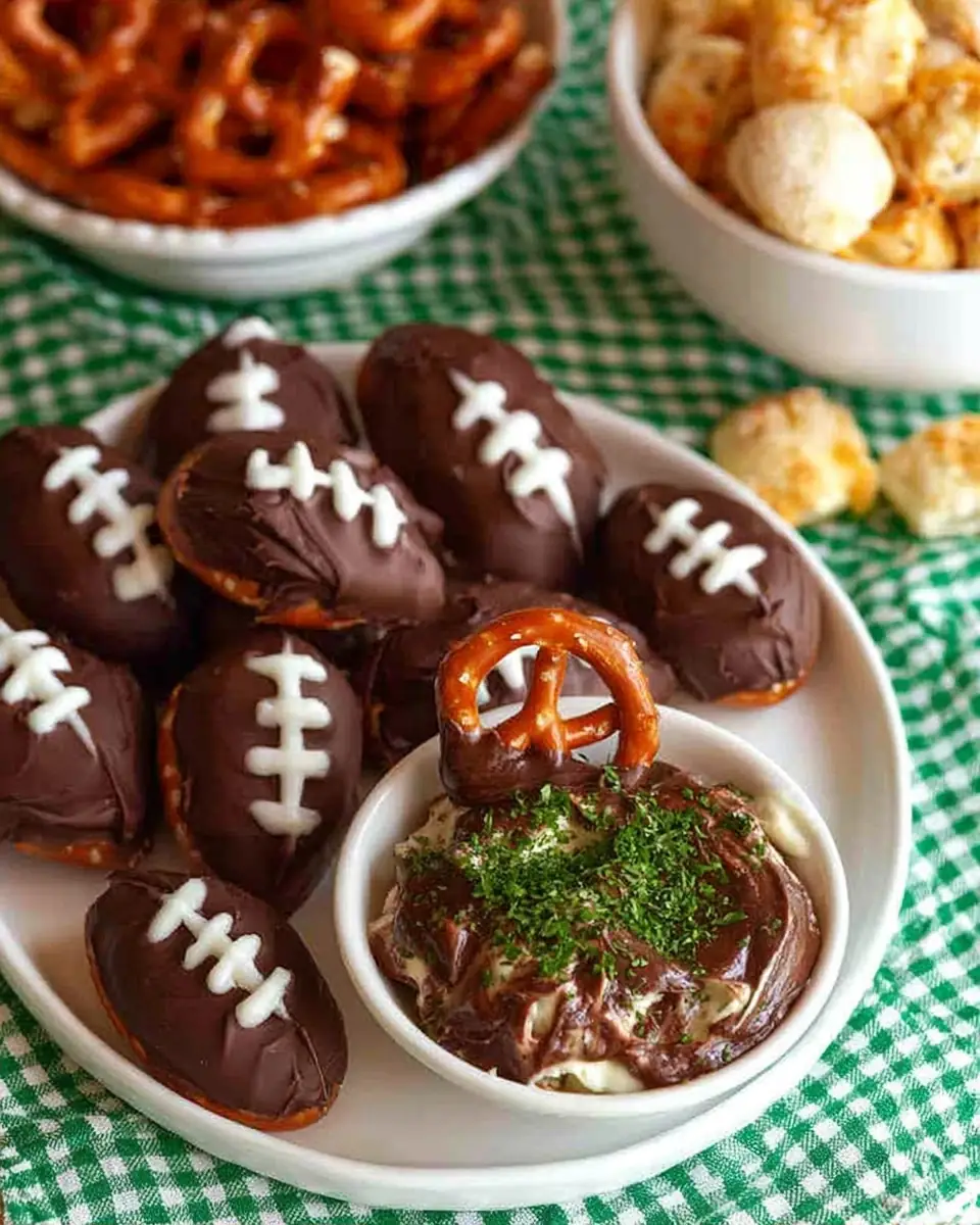 A delicious plate of Game Day Pretzel Footballs & Party Snacks