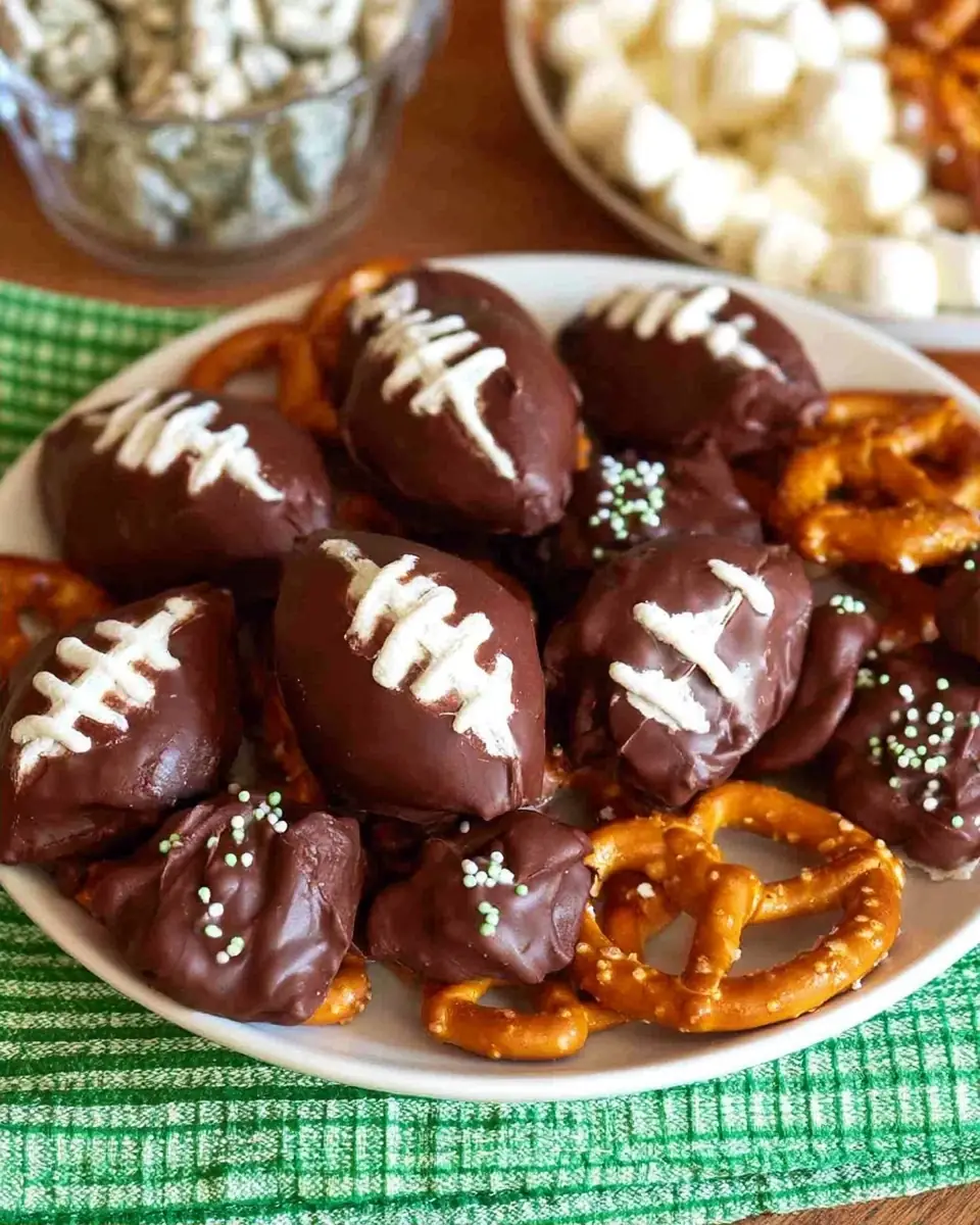 A delicious plate of Game Day Pretzel Footballs & Party Snacks
