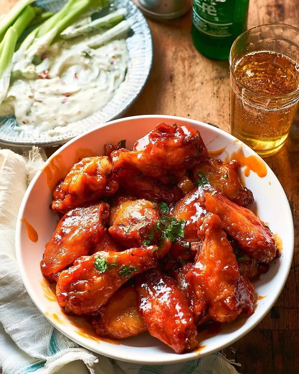 A delicious plate of Honey Buffalo Wings with Homemade Ranch
