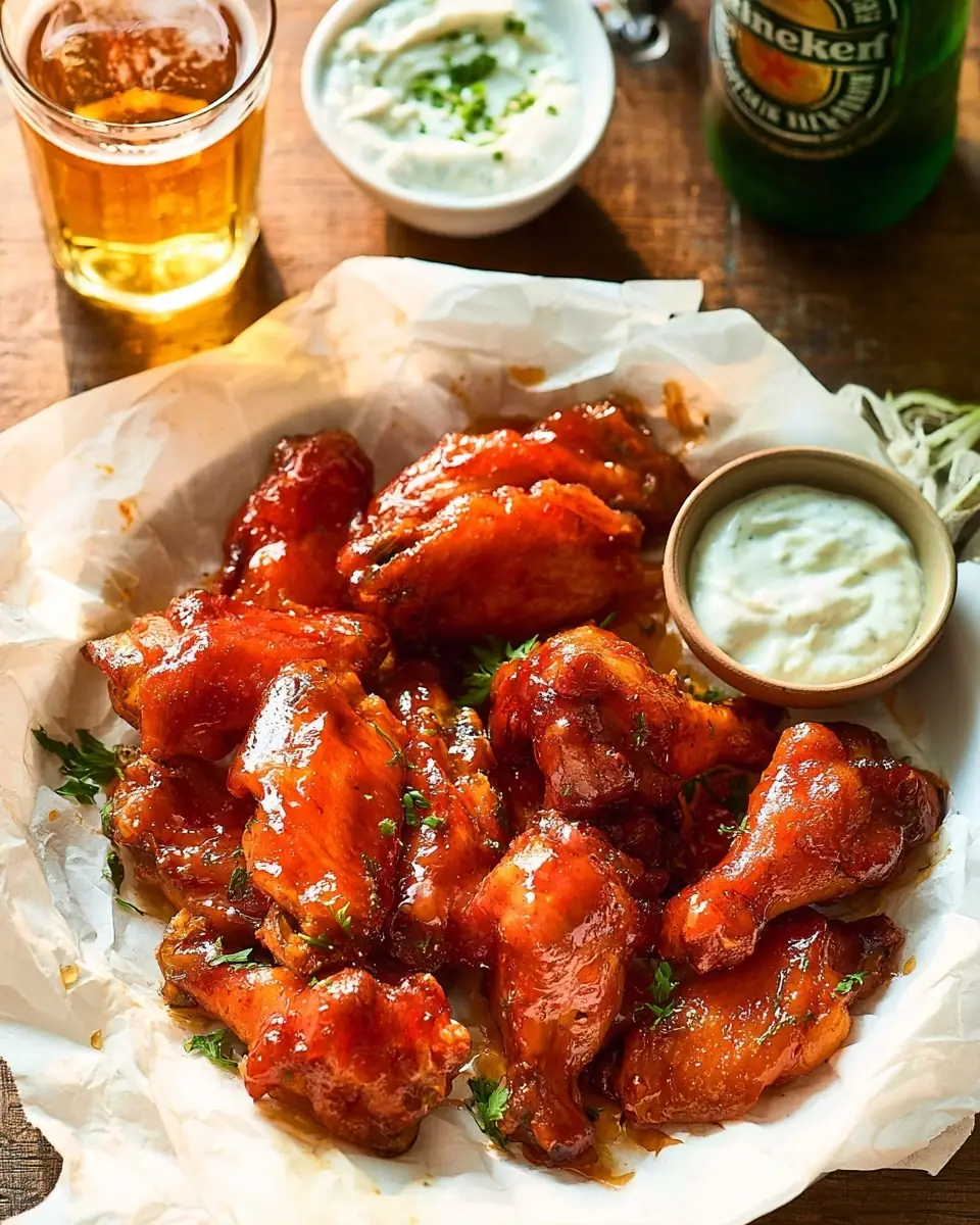 A delicious plate of Honey Buffalo Wings with Homemade Ranch