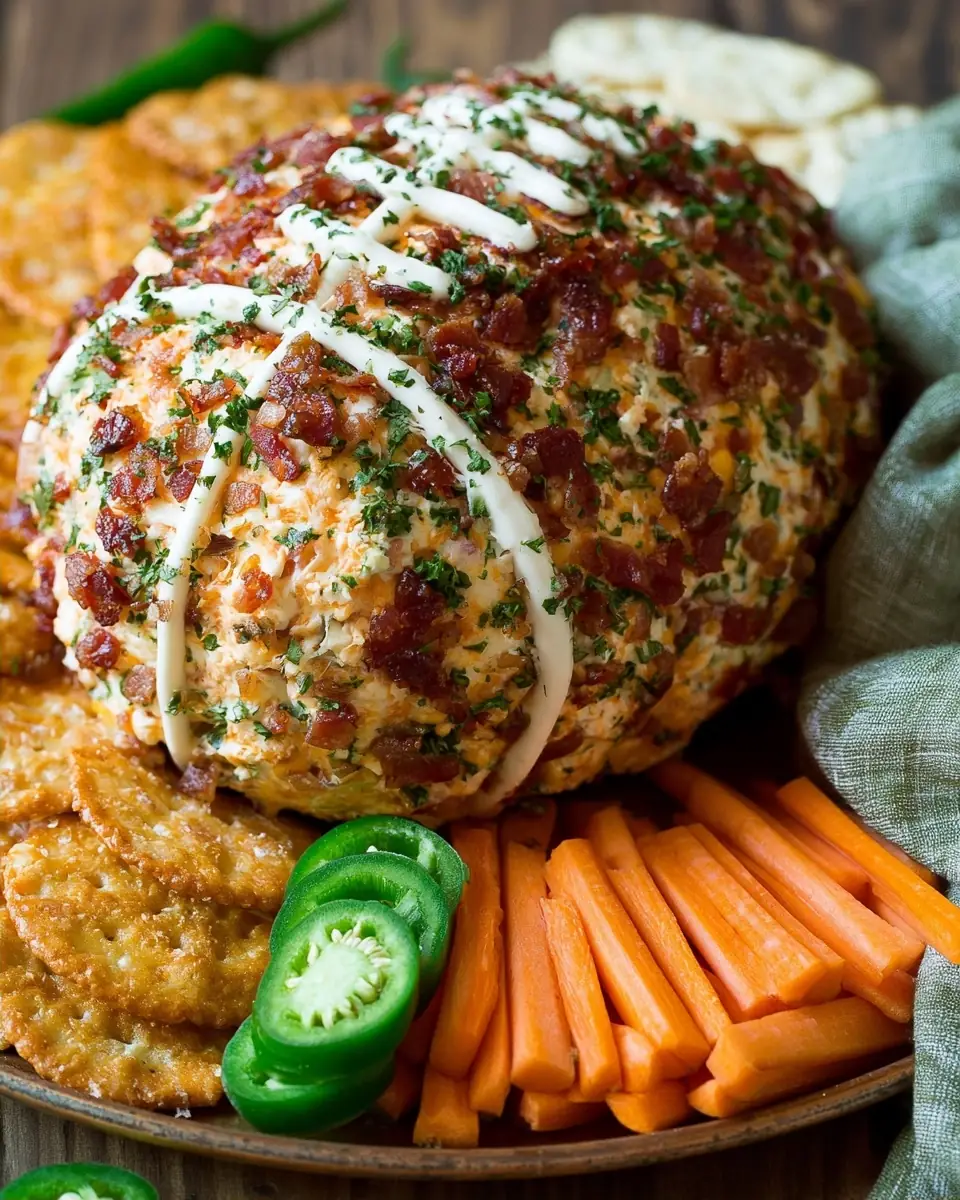 A delicious plate of Jalapeño Popper Football Cheese Ball
