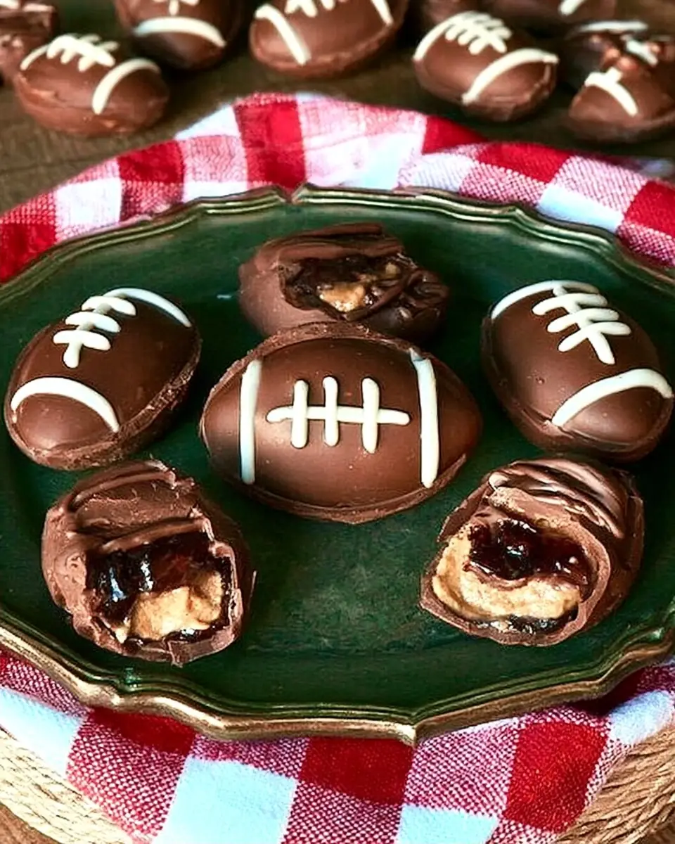A delicious plate of Peanut Butter and Jelly Chocolate Footballs