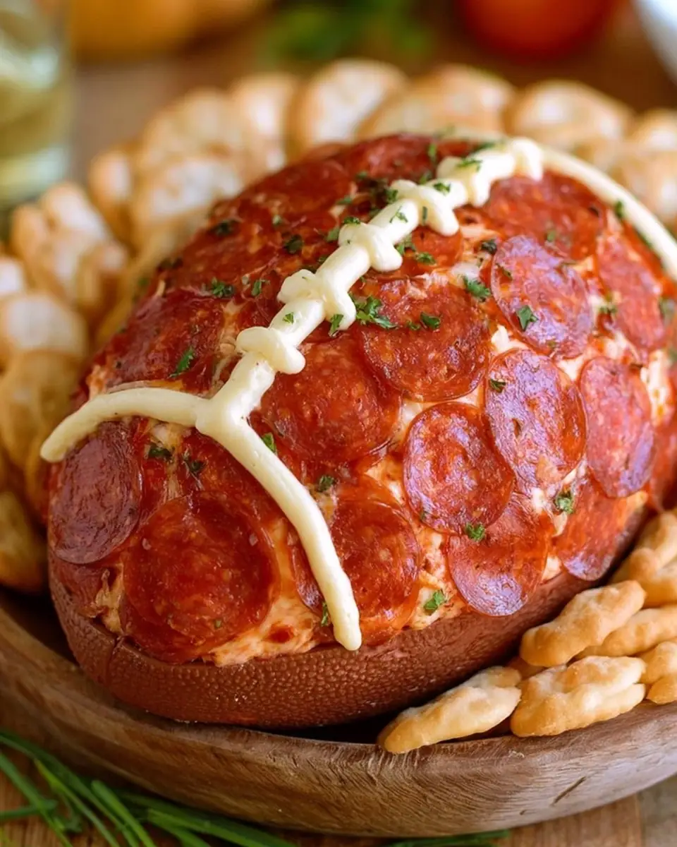A delicious plate of Pepperoni Pizza Football Cheese Ball
