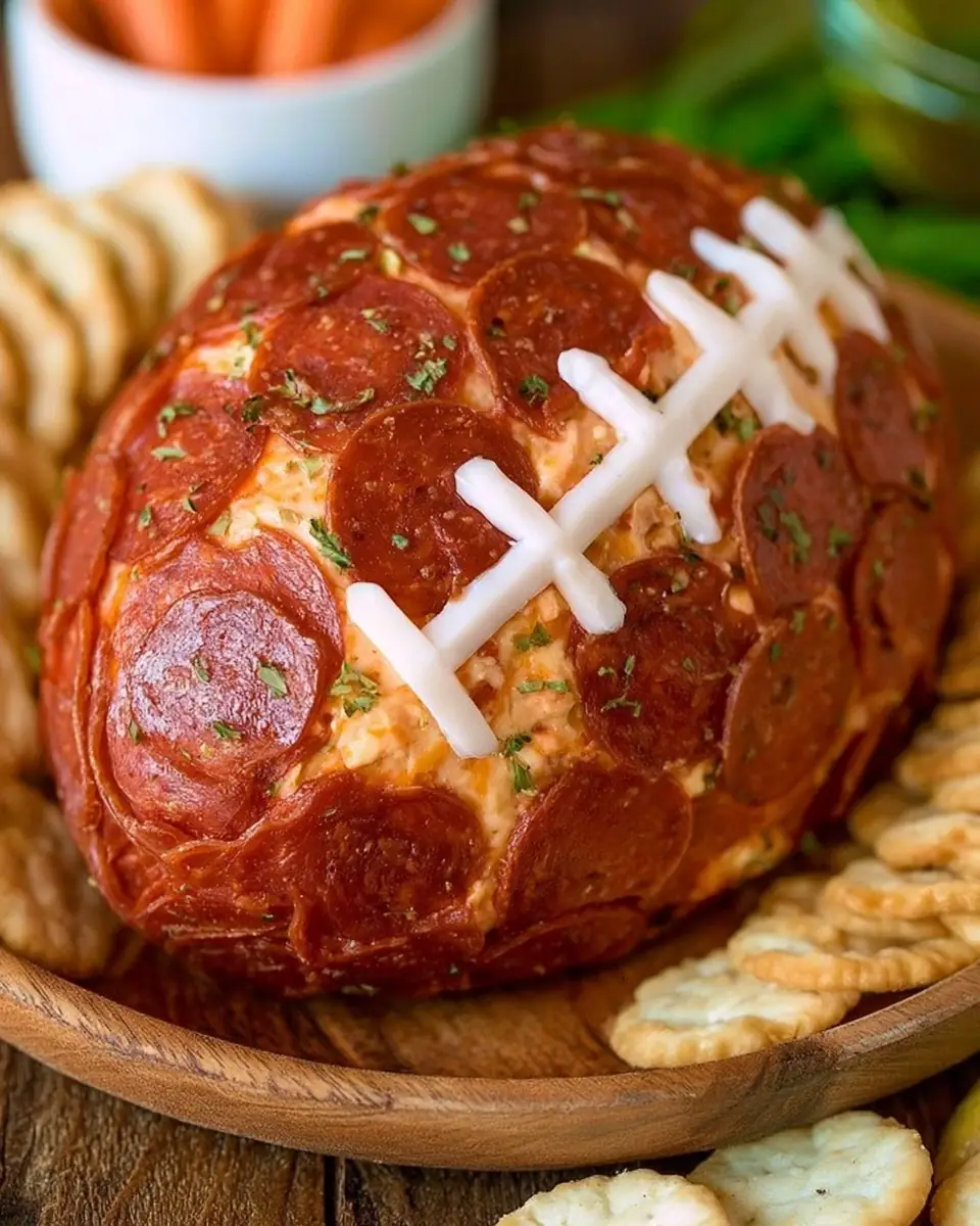 A delicious plate of Pepperoni Pizza Football Cheese Ball