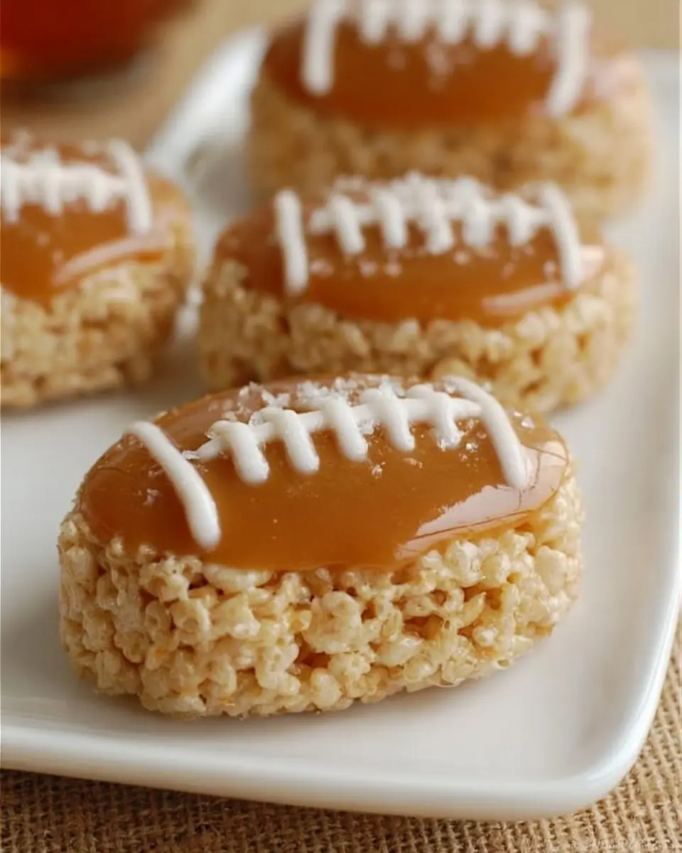 A delicious plate of Salted Caramel Rice Krispies Football Treats!