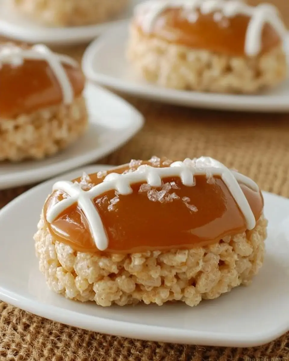 A delicious plate of Salted Caramel Rice Krispies Football Treats!